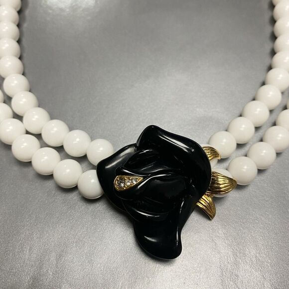 KJL for Avon Black Rose Double Strand White Bead Necklace - Picture 3 of 8